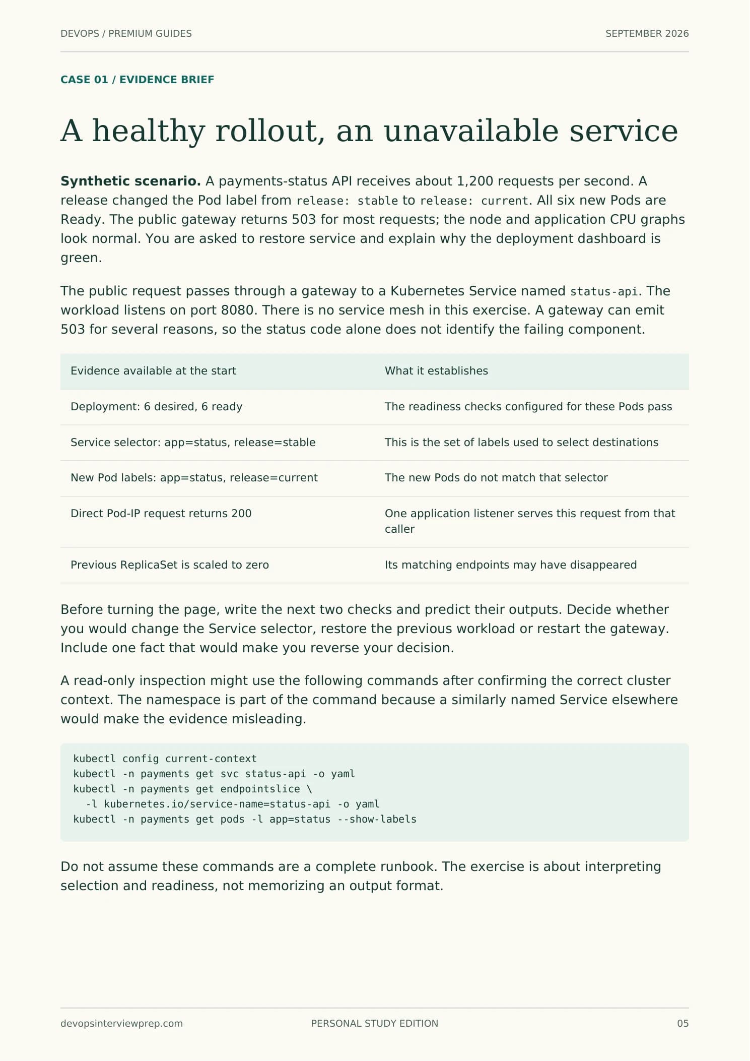 Page 5 from The Incident Interview Workbook: A healthy rollout, an unavailable service