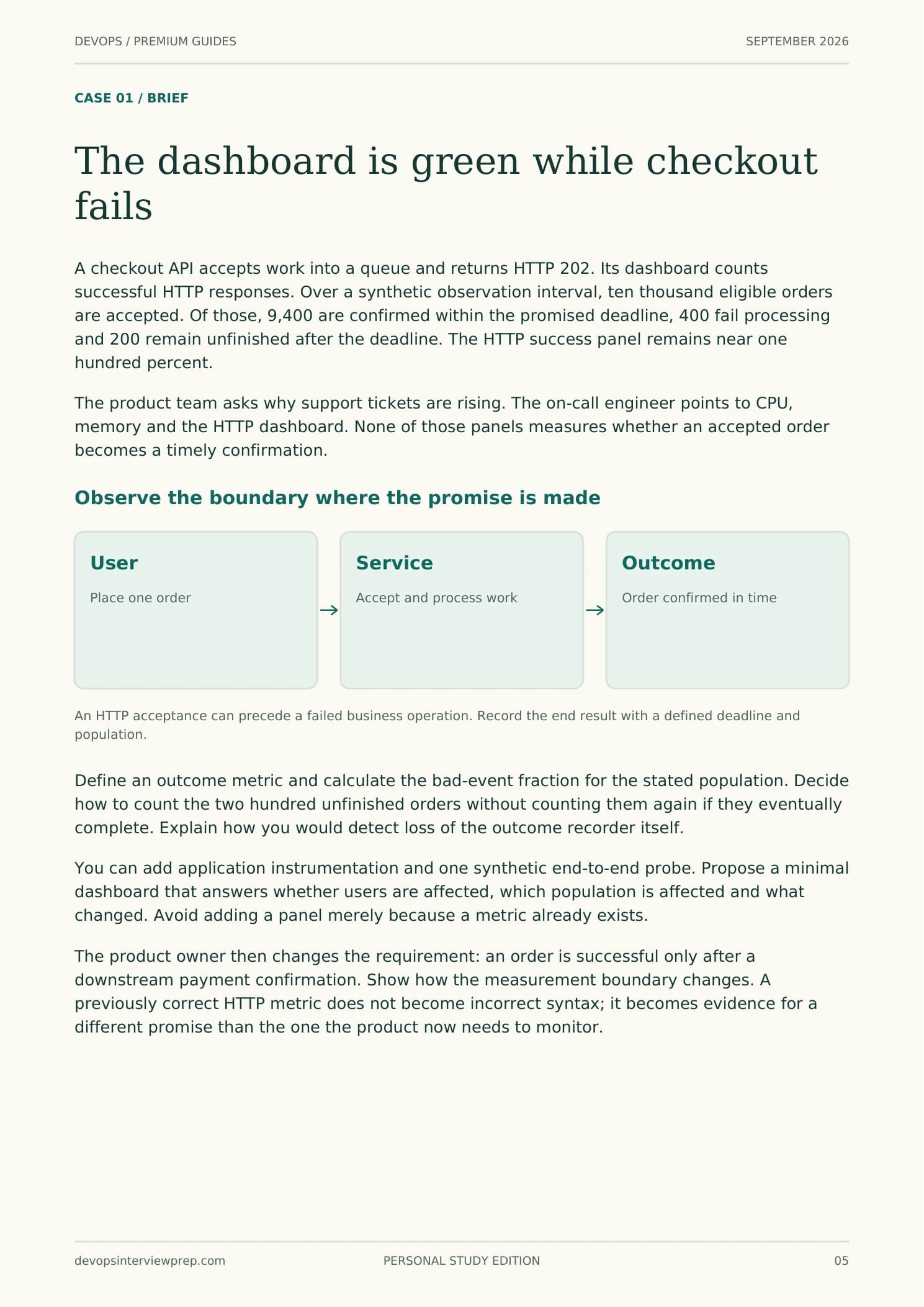 Page 5 from Observability Engineering: The dashboard is green while checkout fails